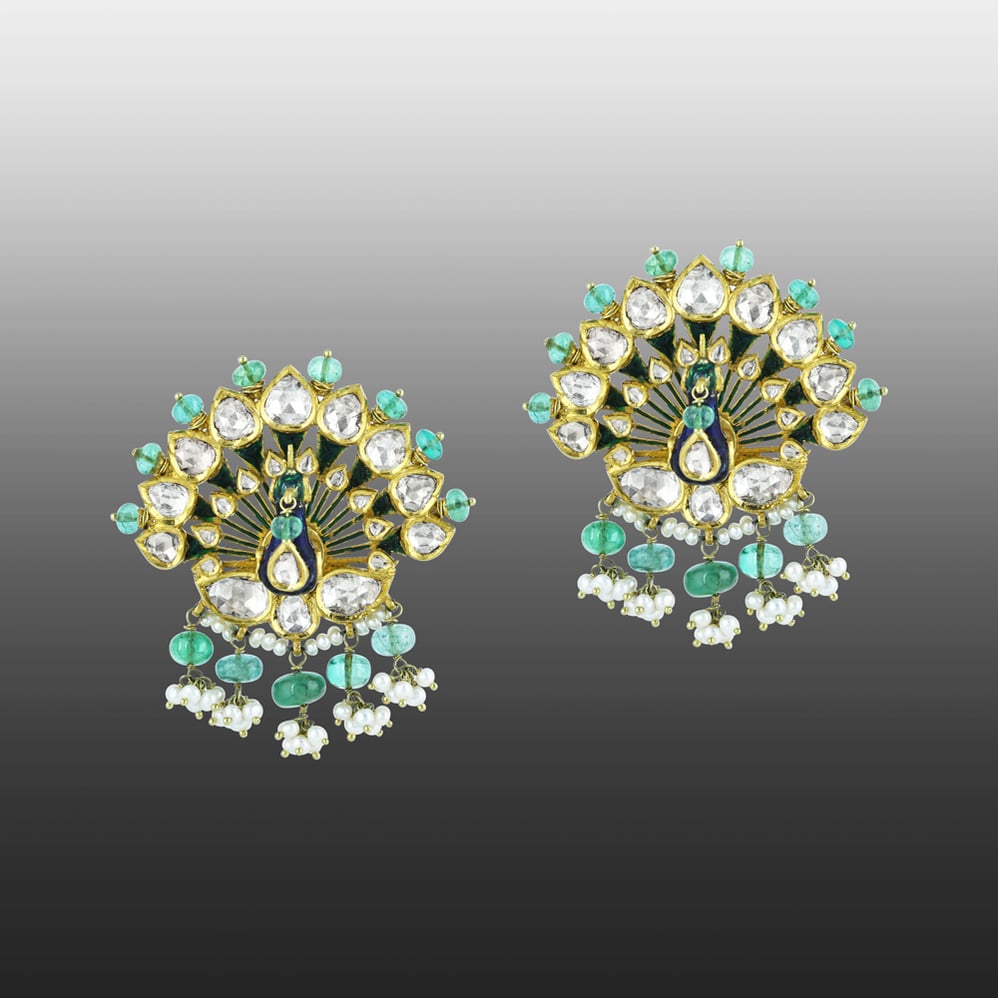 Peacock Polki Earrings with Emerald Beads and Pearl Cluster